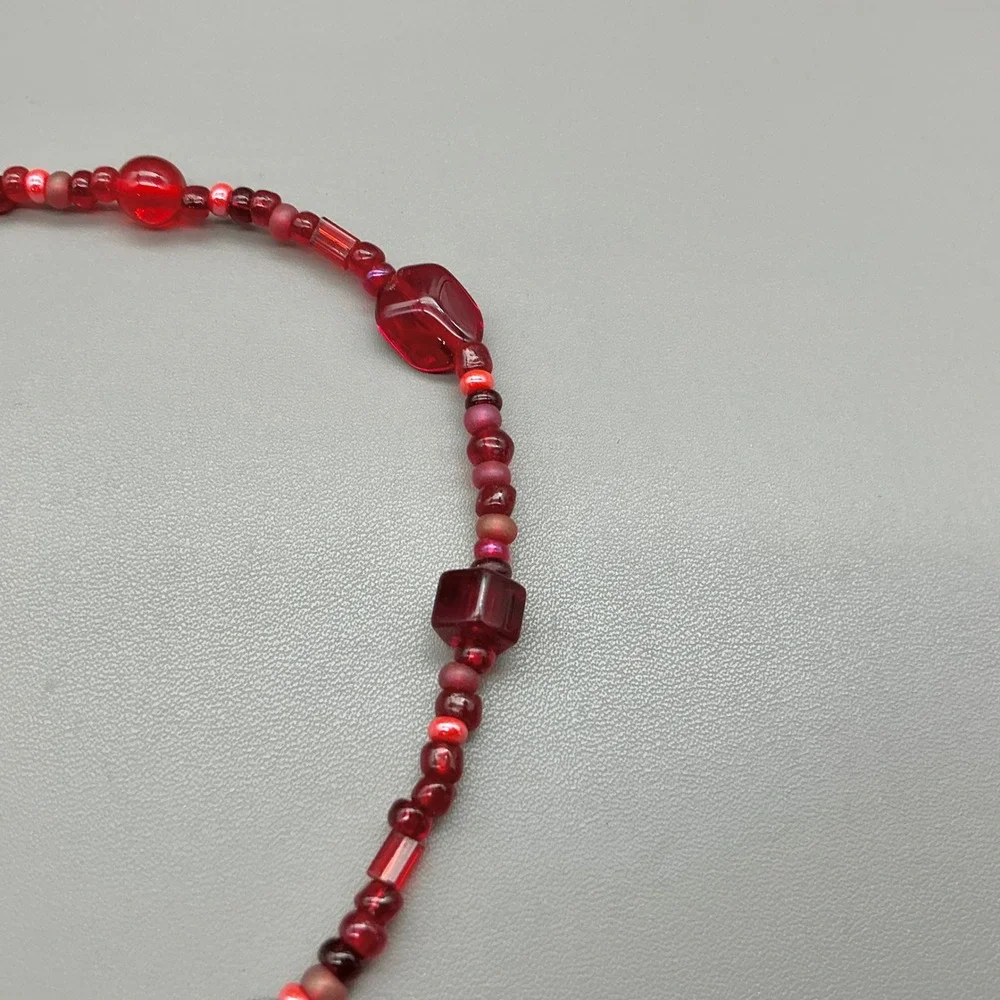 Beaded Necklace Women Red Glass Multi Shape Eclectic Artisan Toggle Clasp 14 In